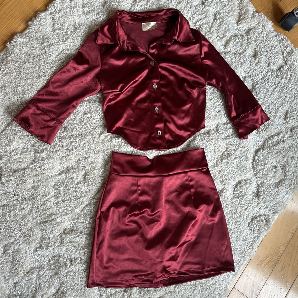 Laina Rauma Cinnamon red satin cropped button down top and mini skirt